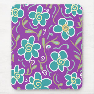 Green flowers on purple design mouse mat