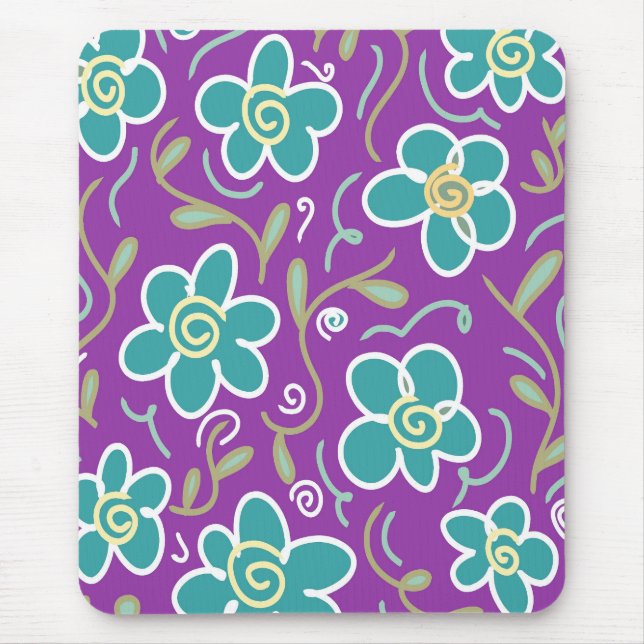 Green flowers on purple design mouse mat (Front)