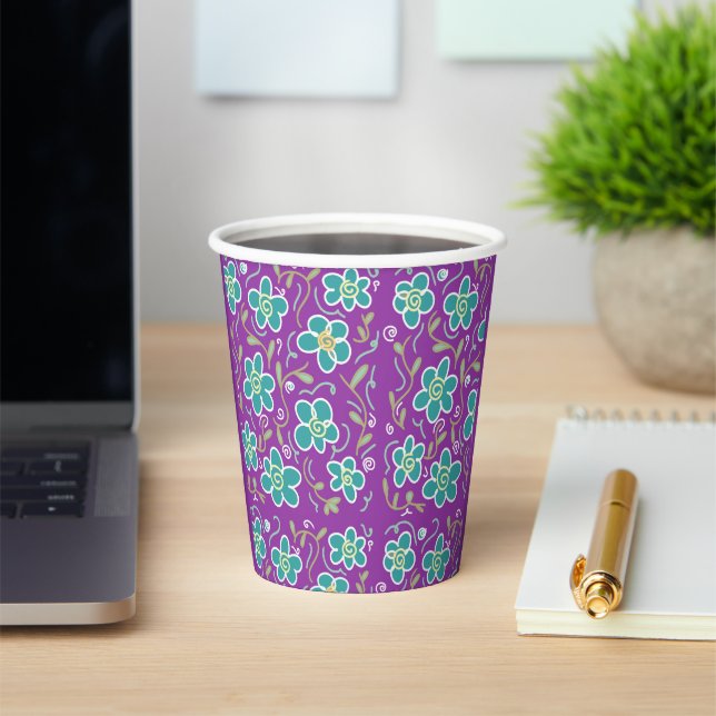 Green flowers on purple design paper cups (Insitu)