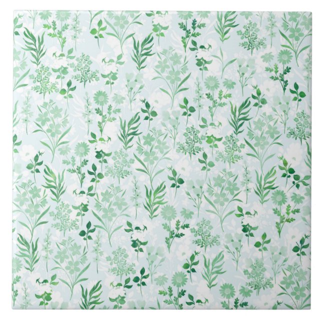Green Flowers Painting Botanical  Tile (Front)