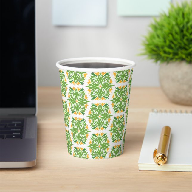Green Flowers, Pattern Of Flowers, Floral Pattern Paper Cups (Insitu)