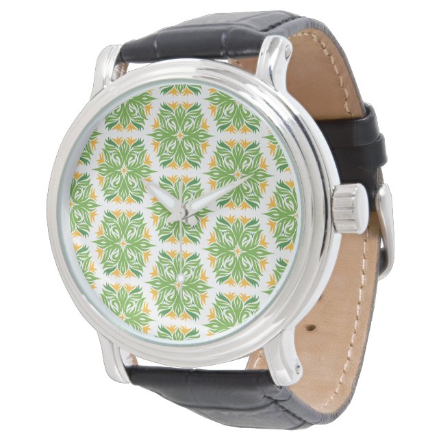 Green Flowers, Pattern Of Flowers, Floral Pattern Watch (Angled)