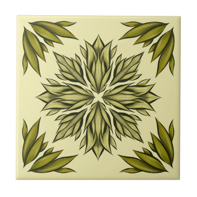 Green Flowers Pattern Retro Modern Botanical Tile (Front)