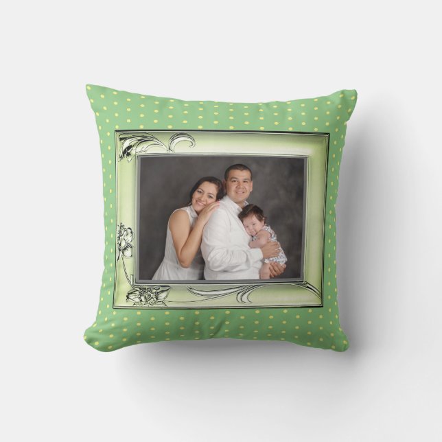 Green Flowers Photo Frame Image Yellow Dots Green Cushion (Front)