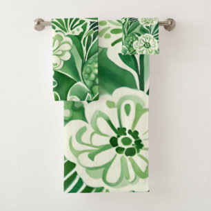 Green flowers, vintage design pattern  bath towel set