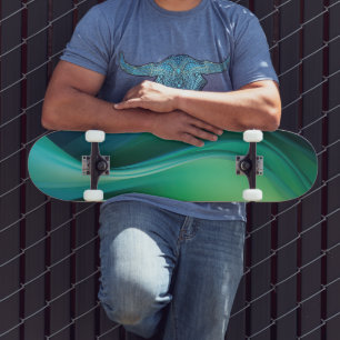 Green flowing forms on dark blue skateboard