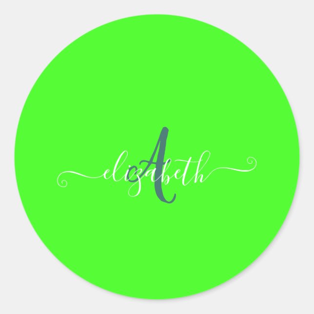 Green Fluorescent Neon Monogram  Classic Round Sticker (Front)