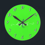 Green Fluorescent Neon Monogram  Round Clock<br><div class="desc">Monogram on green fluorescent background.The perfect romantic gift idea. Click the Customise It button to change fonts, move text around and further customise your design.</div>
