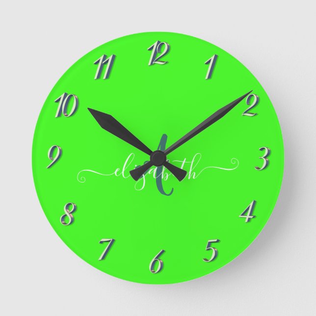 Green Fluorescent Neon Monogram  Round Clock (Front)