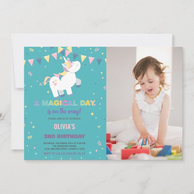 Green Fly Unicorn Birthday Invitations Photo (Front)