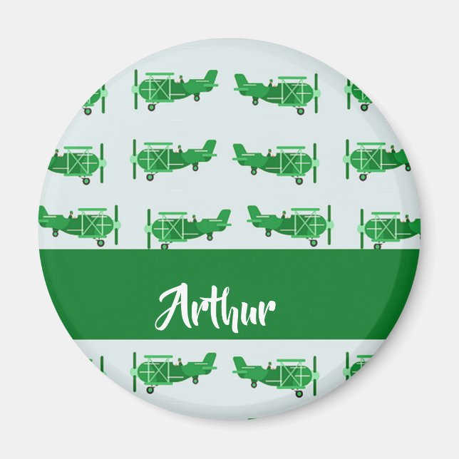 Green flying aeroplanes on blue magnet (Front)