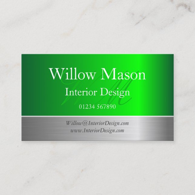 Green Foil & Brushed Steel Monogram Business Card (Front)
