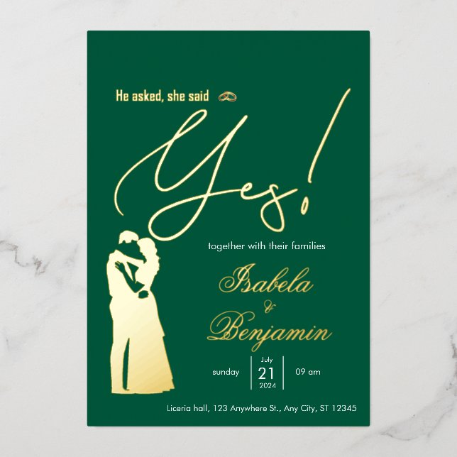 Green Foil “He Asked She Said Yes” Wedding Invitat (Front)