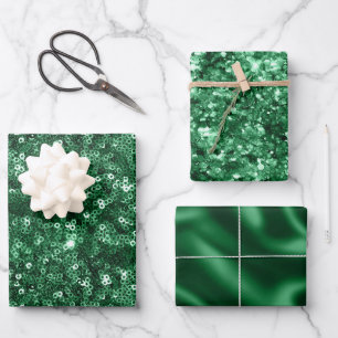 Green Foil Holiday Satin and Glitter Christmas Wrapping Paper Sheet
