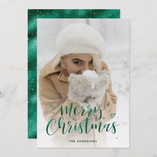Green Foil Script Snow Photo Christmas Cards