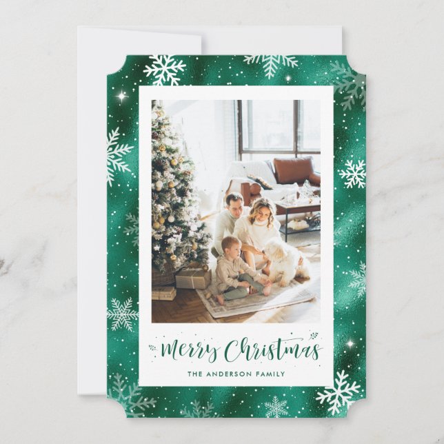 Green Foil Snowy Photo Merry Christmas Holiday Card (Front)