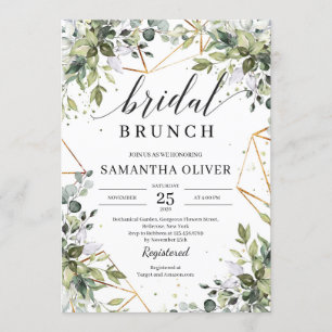 Green foliage and gold frames boho bridal brunch invitation