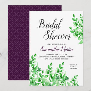 Green Foliage and Plum   Calligraphy Bridal Shower Invitation