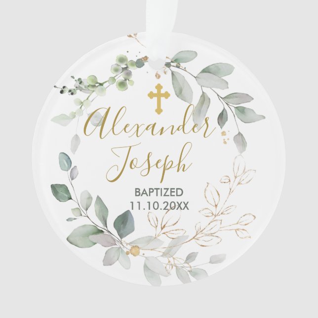 Green foliage, baby baptism Photo Acrylic Ornament (Front)