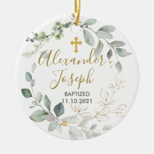 Green foliage, baby baptism Photo Ceramic Tree Decoration
