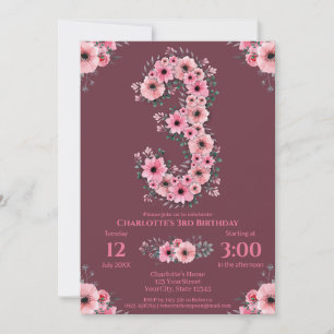 Green Foliage Big 3rd Birthday Girl Pink Flowers Invitation