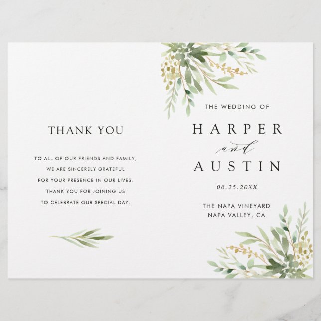 Green Foliage Botanical Folded Wedding Program (Front)