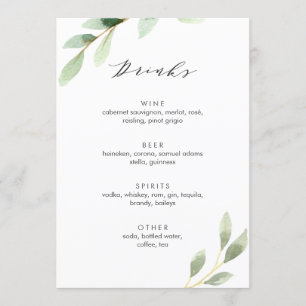 Green Foliage Botanical Wedding Bar Drinks Menu