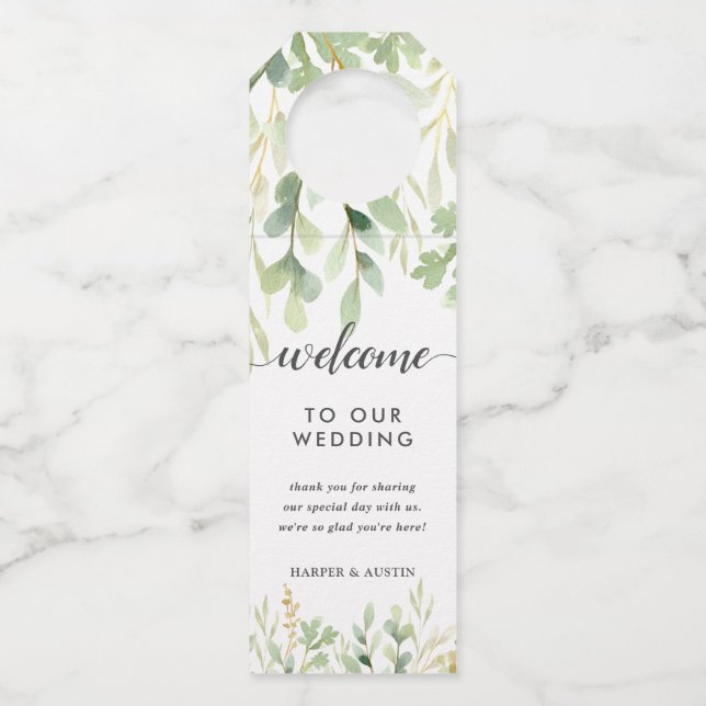 Green Foliage Botanical Wedding Bottle Tag (Front)