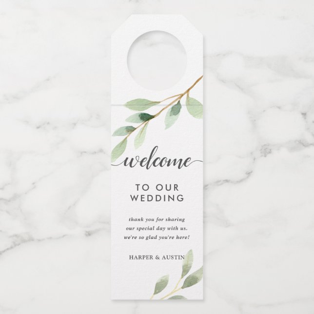 Green Foliage Botanical Wedding Bottle Tag (Front)