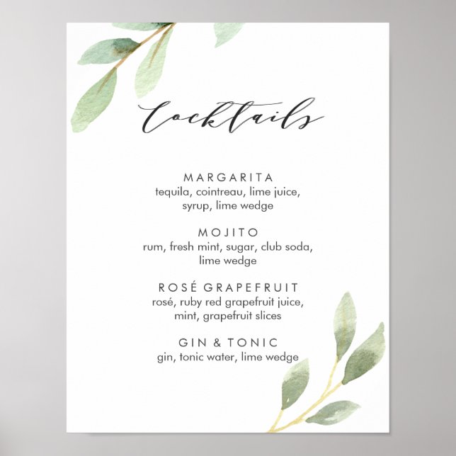 Green Foliage Botanical Wedding Cocktail Menu Sign (Front)