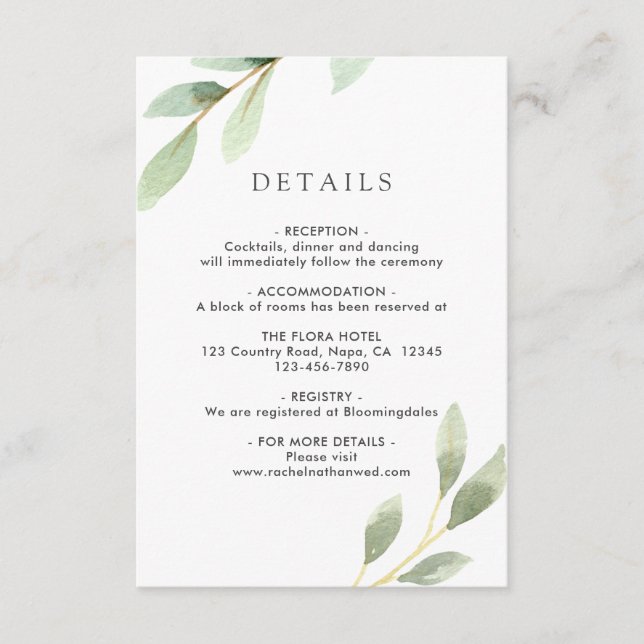 Green Foliage Botanical Wedding Details Enclosure Card (Front)