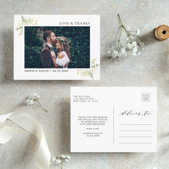 Green Foliage Botanical Wedding Photo Thank You Postcard (Front & Back)