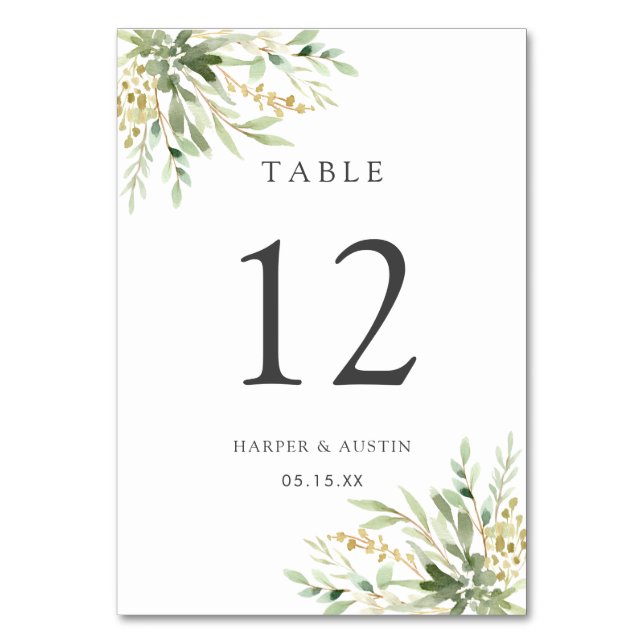 Green Foliage Botanical Wedding Table Number (Back)