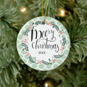 Green Foliage Christmas Typography Editable Ceramic Tree Decoration