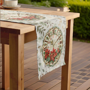 Green Foliage, Clock with Poinsettia Short Table Runner