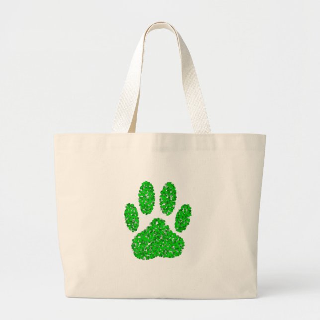 Green Foliage Dog Paw Print Large Tote Bag (Front)