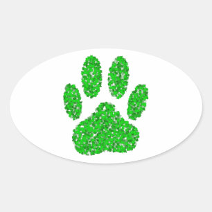 Green Foliage Dog Paw Print Oval Sticker