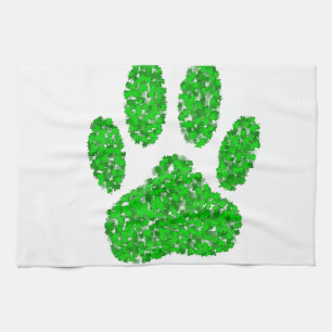 Green Foliage Dog Paw Print Tea Towel