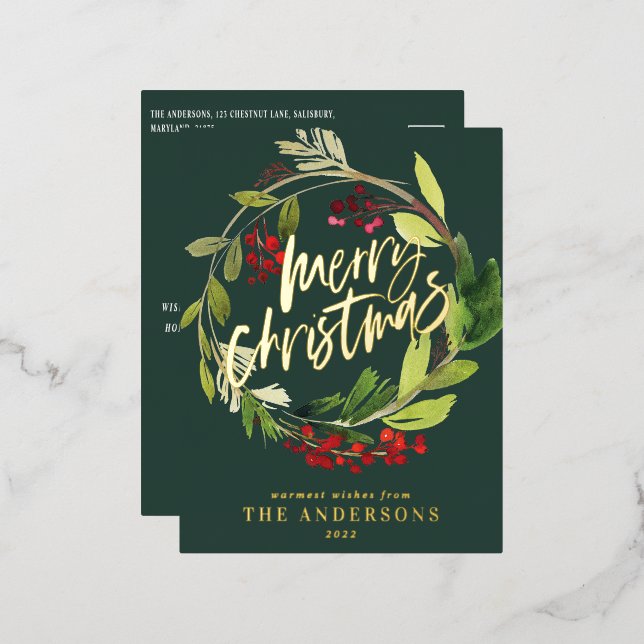 Green foliage elegant non photo Christmas Foil Holiday Postcard (Front/Back)