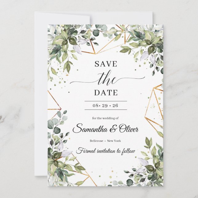 Green foliage eucalyptus leaves gold save the date (Front)
