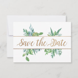 Green Foliage & Gold Script Save the Date Card