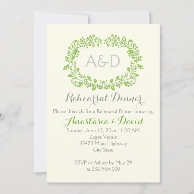 Green foliage initials wedding rehearsal dinner invitation (Front)