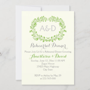 Green foliage initials wedding rehearsal dinner invitation