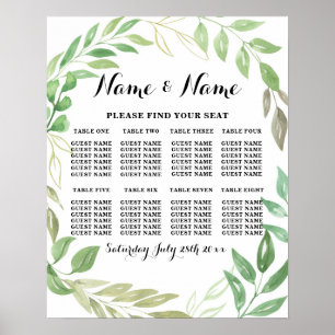 Green  Foliage Leaves Table Seating 8 Seating Plan Poster