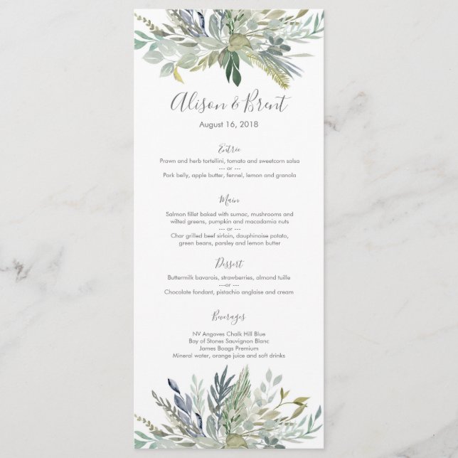 Green Foliage leaves Wedding Menu or Program Card (Front)