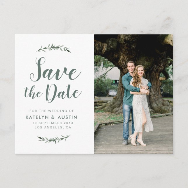 green foliage modern script wedding save the date postcard (Front)