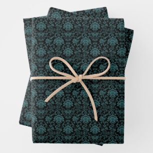 Green Foliage on Black Wrapping Paper Sheet