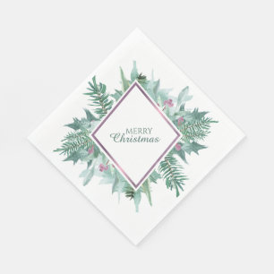 Green Foliage Pink Berry Violet Frame Christmas Napkin