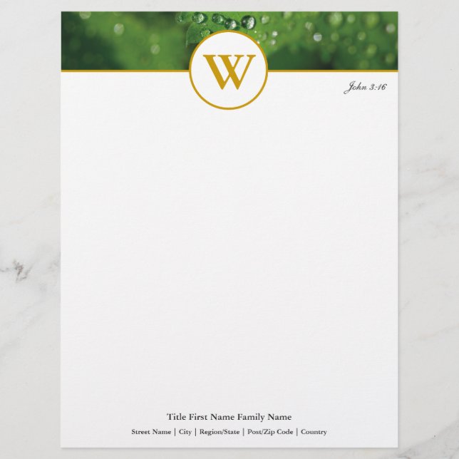 Green Foliage Raindrops JOHN 3:16 Custom Letterhead (Front)