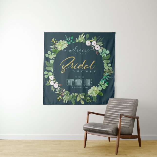 GREEN FOLIAGE WATERCOLOR  BRIDAL SHOWER WELCOME TAPESTRY (In Situ)